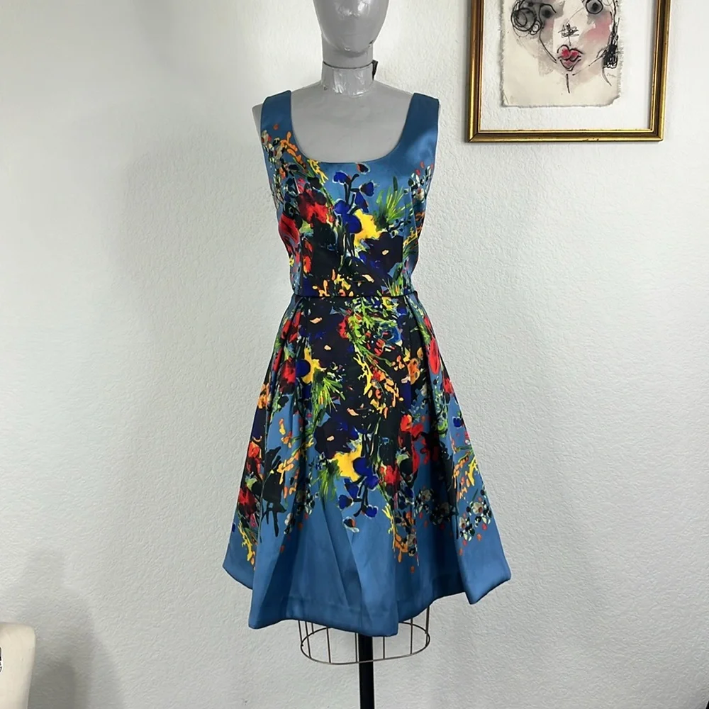 David Meister Blue Floral Fit Flare Sleeveless Scoop Neck Party Dress - Picture 2 of 11